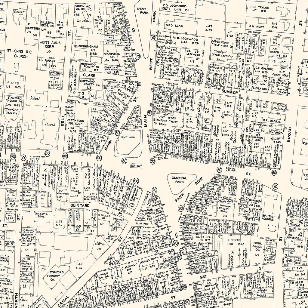 Vintage Map of Stamford, CT Business Section 1946