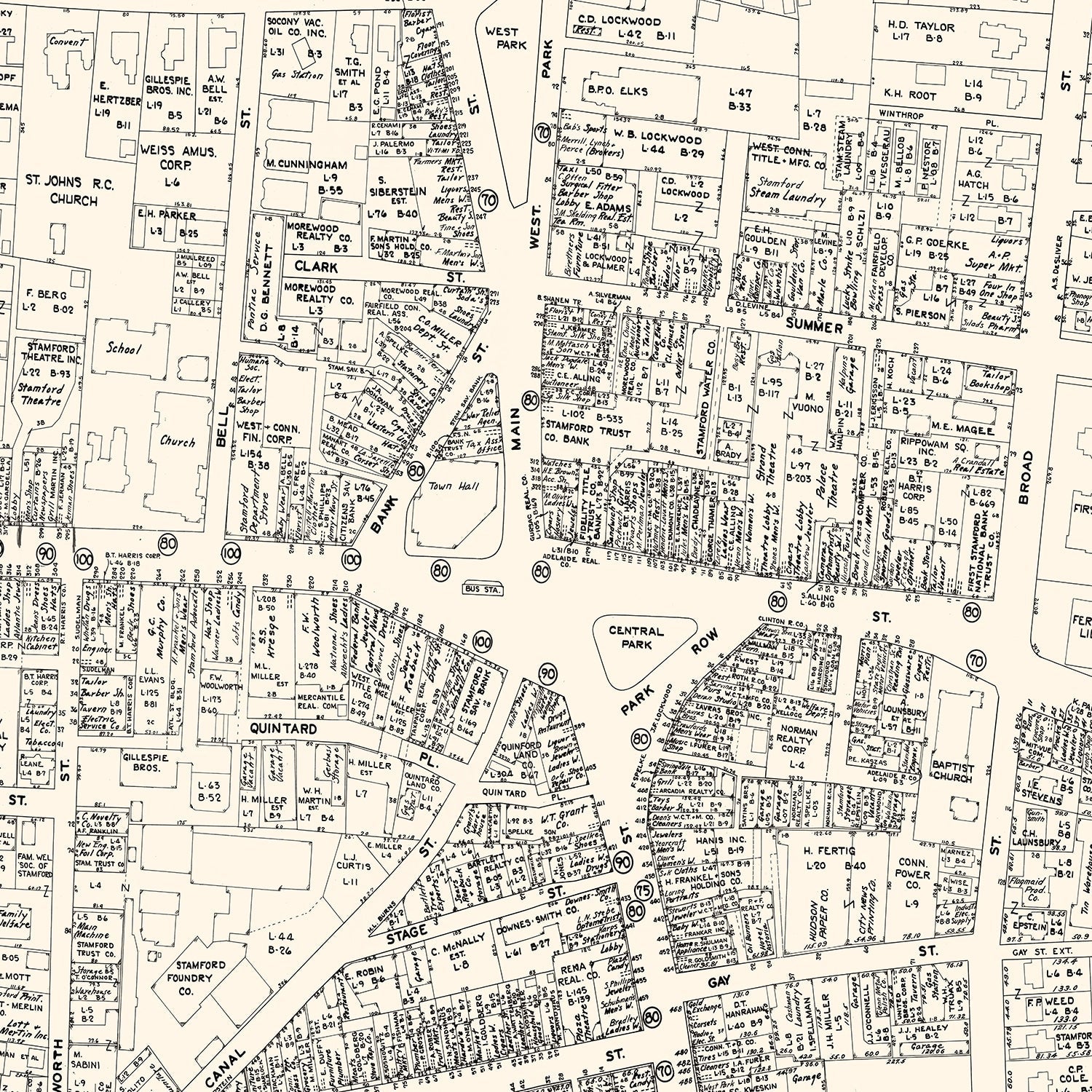 Vintage Map of Stamford, CT Business Section 1946