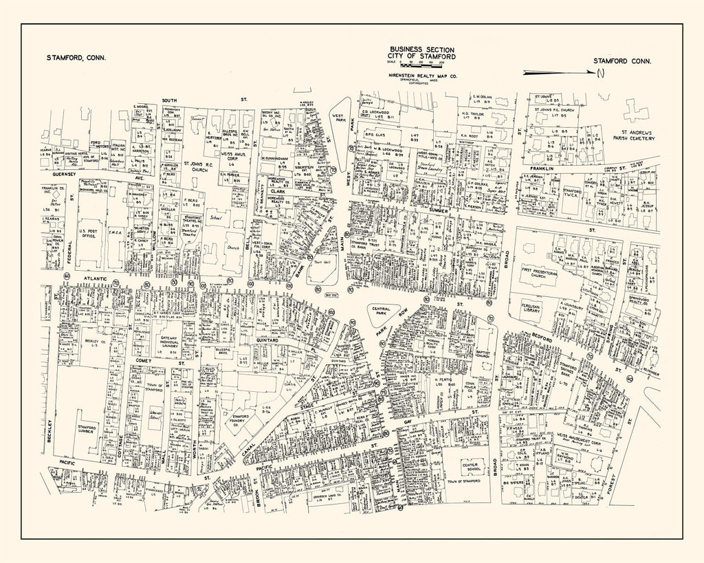 Vintage Map of Stamford, CT Business Section 1946