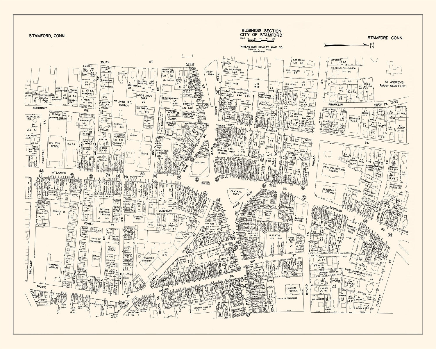 Vintage Map of Stamford, CT Business Section 1946