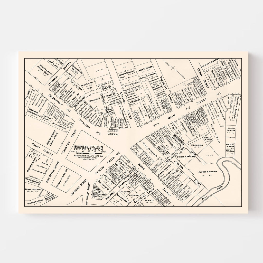 Vintage Map of Taunton, MA Business Section 1946