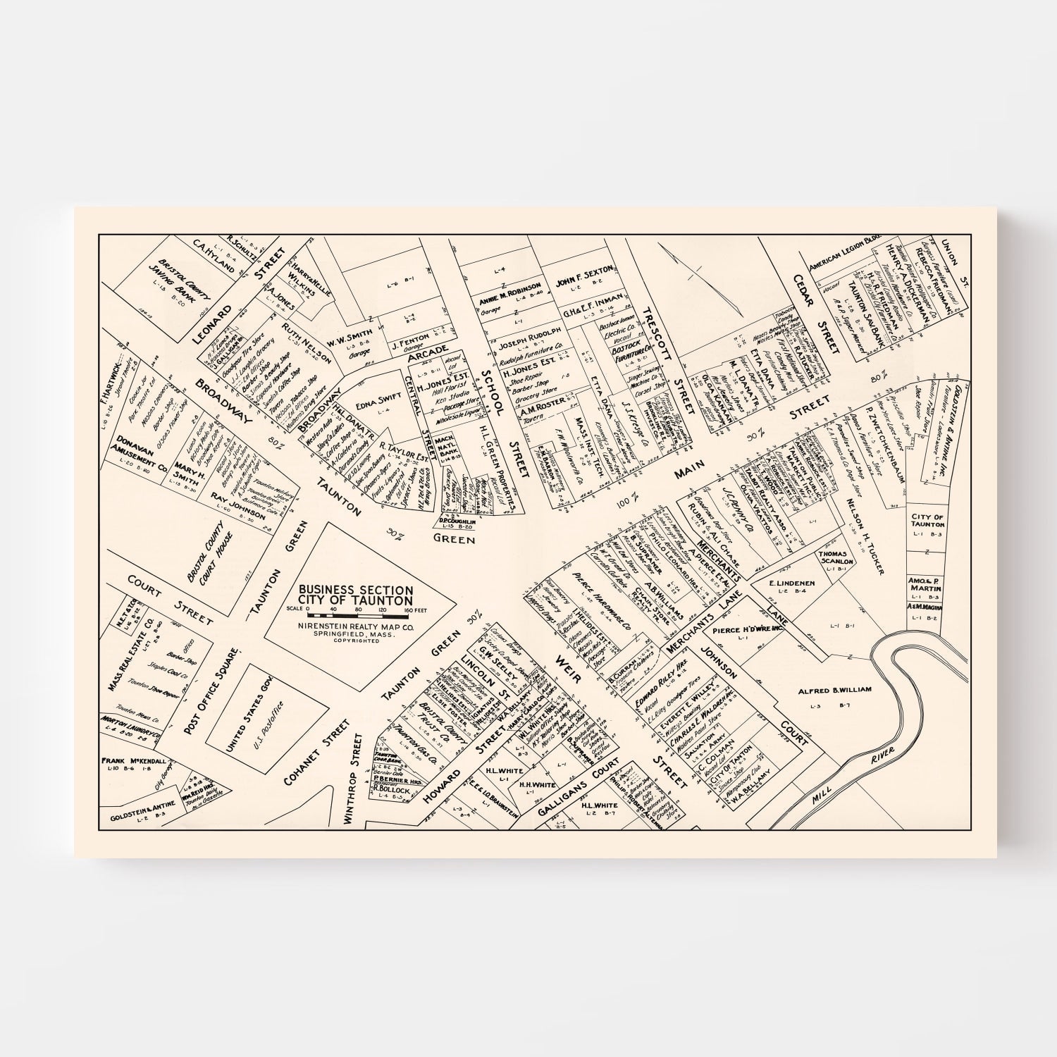 Vintage Map of Taunton, MA Business Section 1946