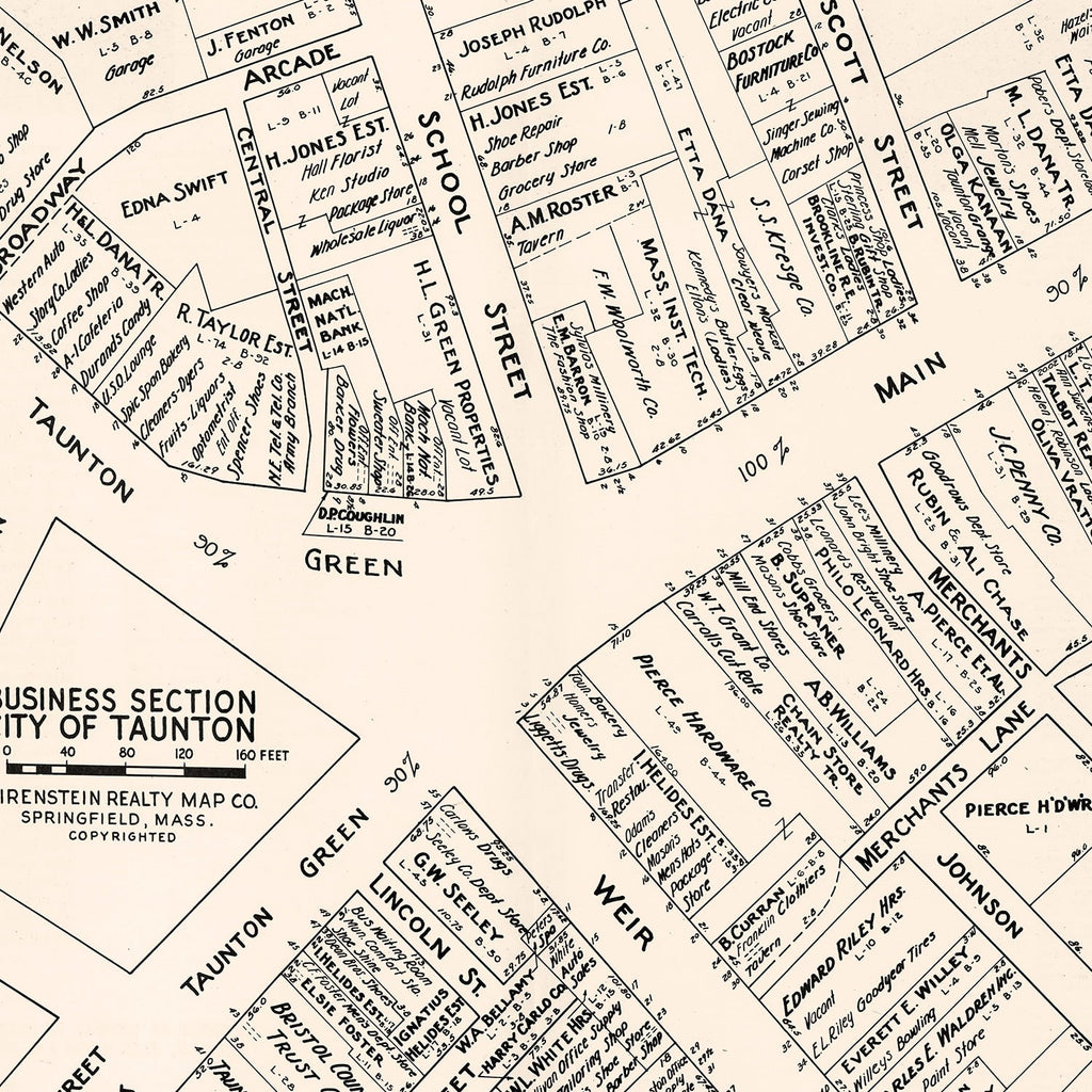 Vintage Map of Taunton, MA Business Section 1946