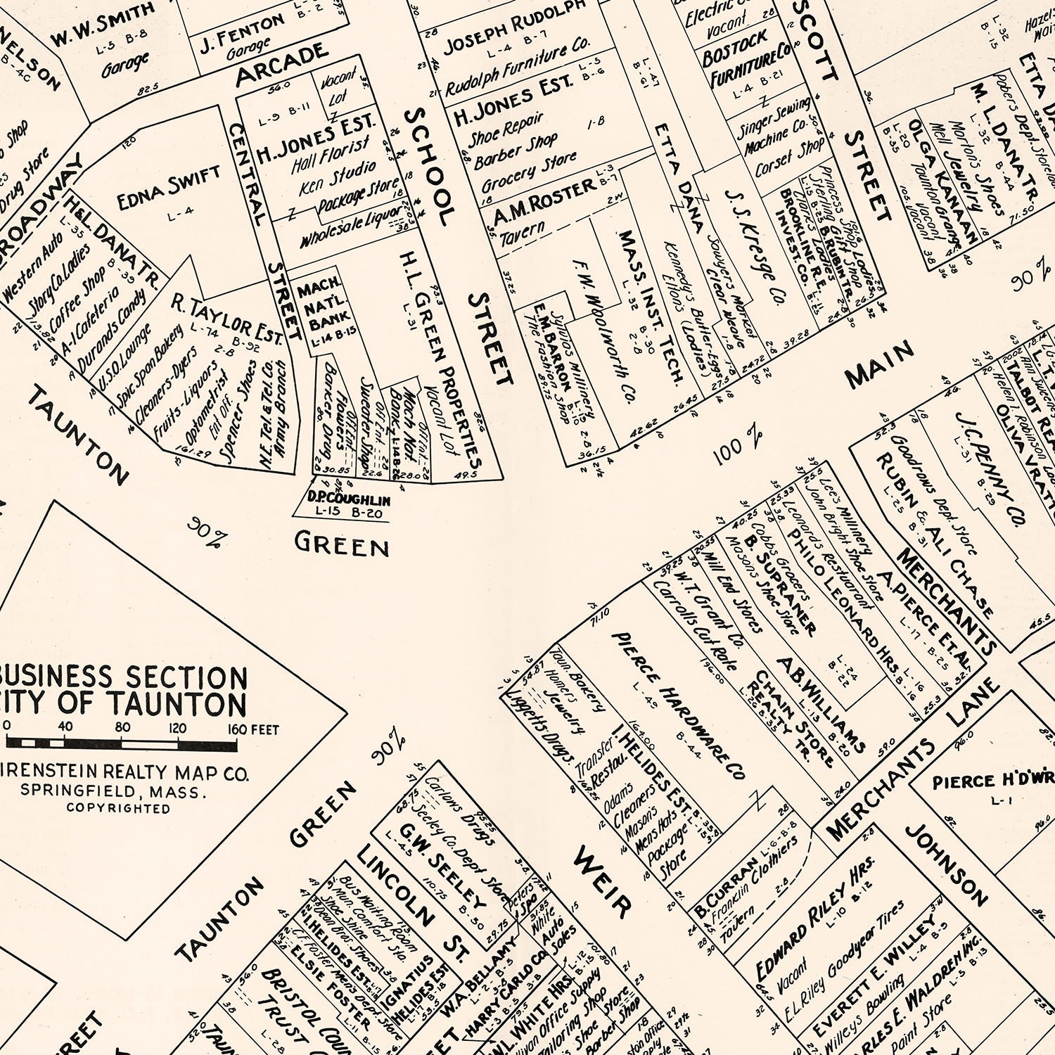 Vintage Map of Taunton, MA Business Section 1946