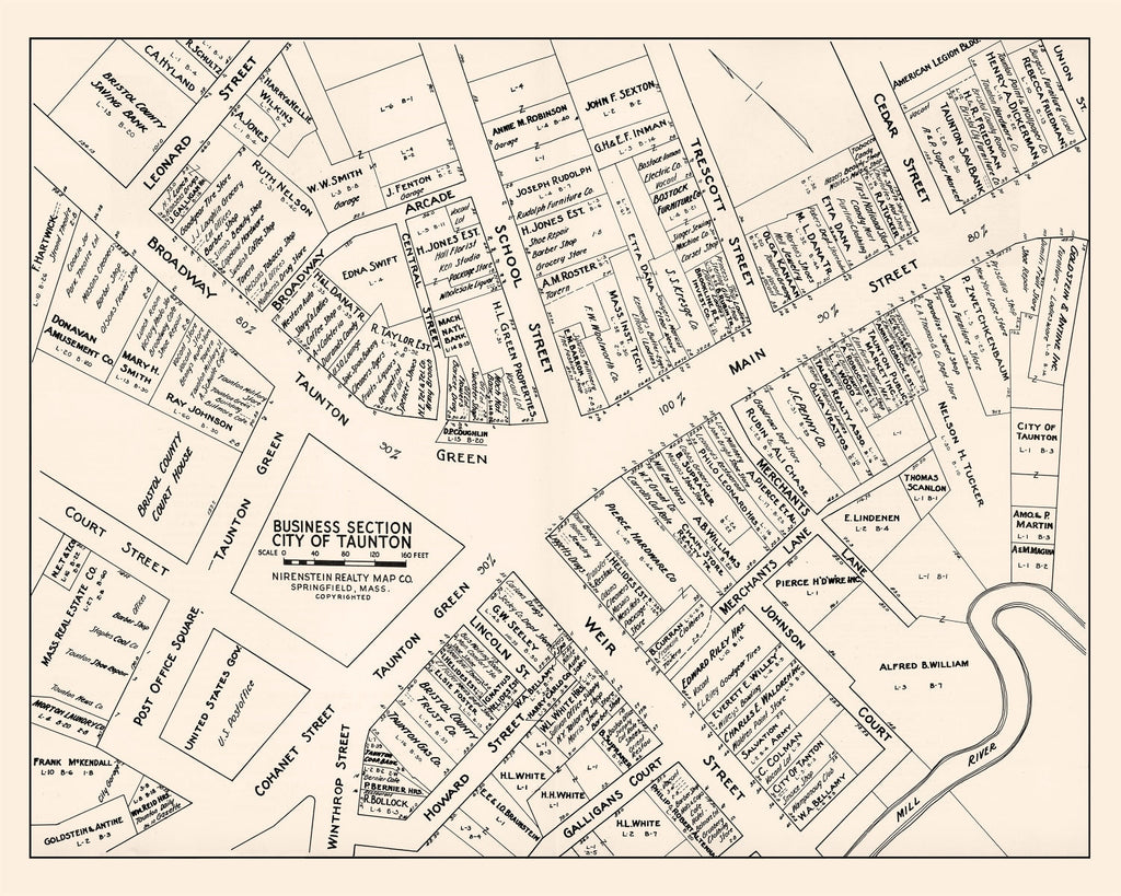 Vintage Map of Taunton, MA Business Section 1946