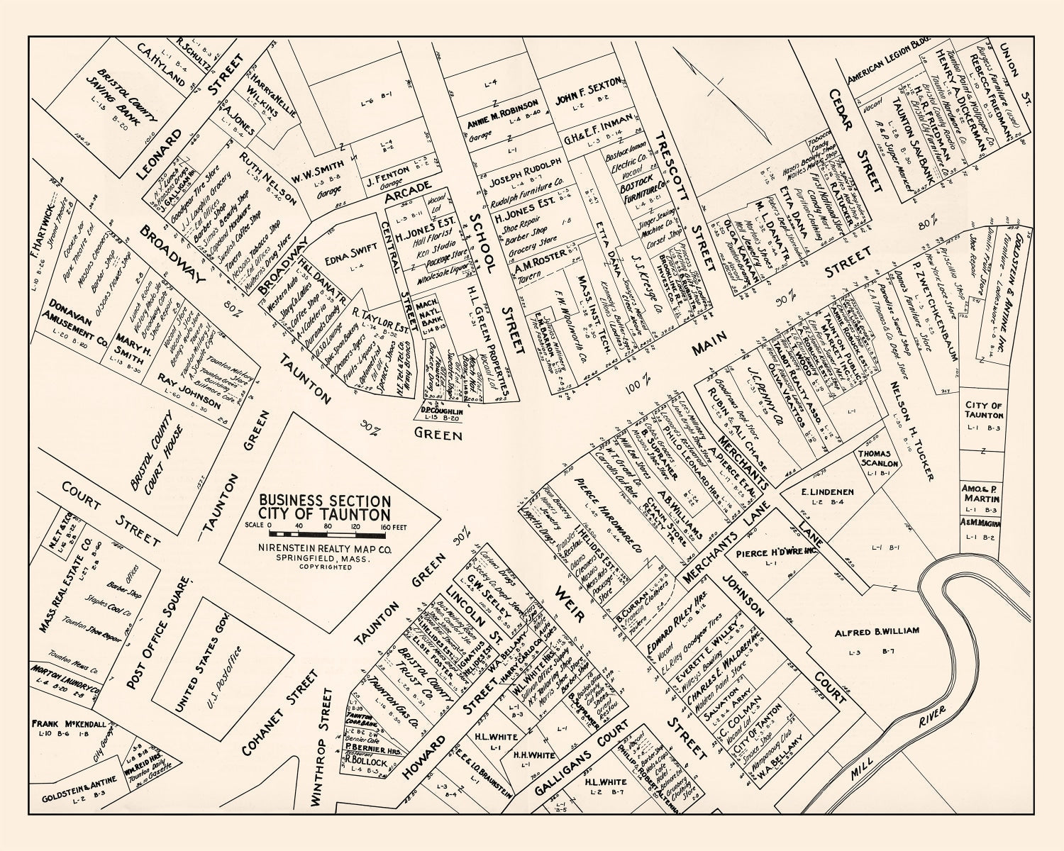 Vintage Map of Taunton, MA Business Section 1946