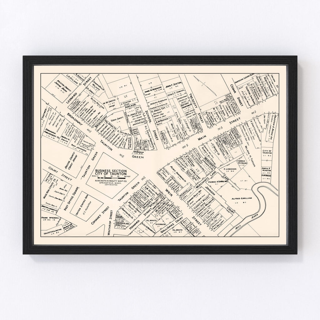 Vintage Map of Taunton, MA Business Section 1946