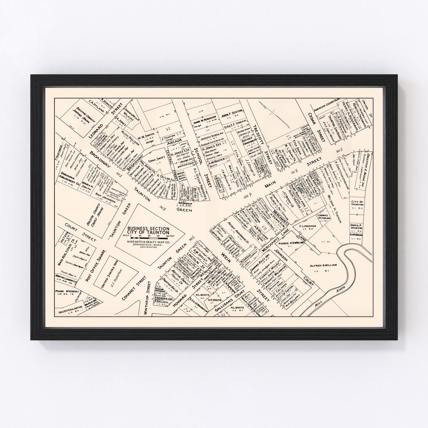 Vintage Map of Taunton, MA Business Section 1946