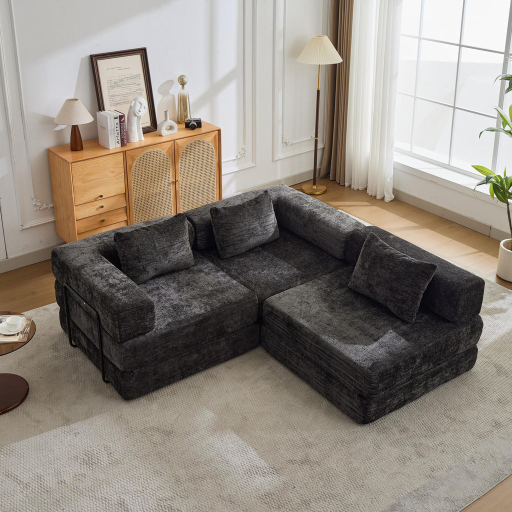 Compression Sofa,Convertible Floor Sofa Bed with Fixed-Shape Frame, Boneless Modular Sectional Sofa,No Assembly Required,Chenille fabric,for Living Room Bedroom,Black