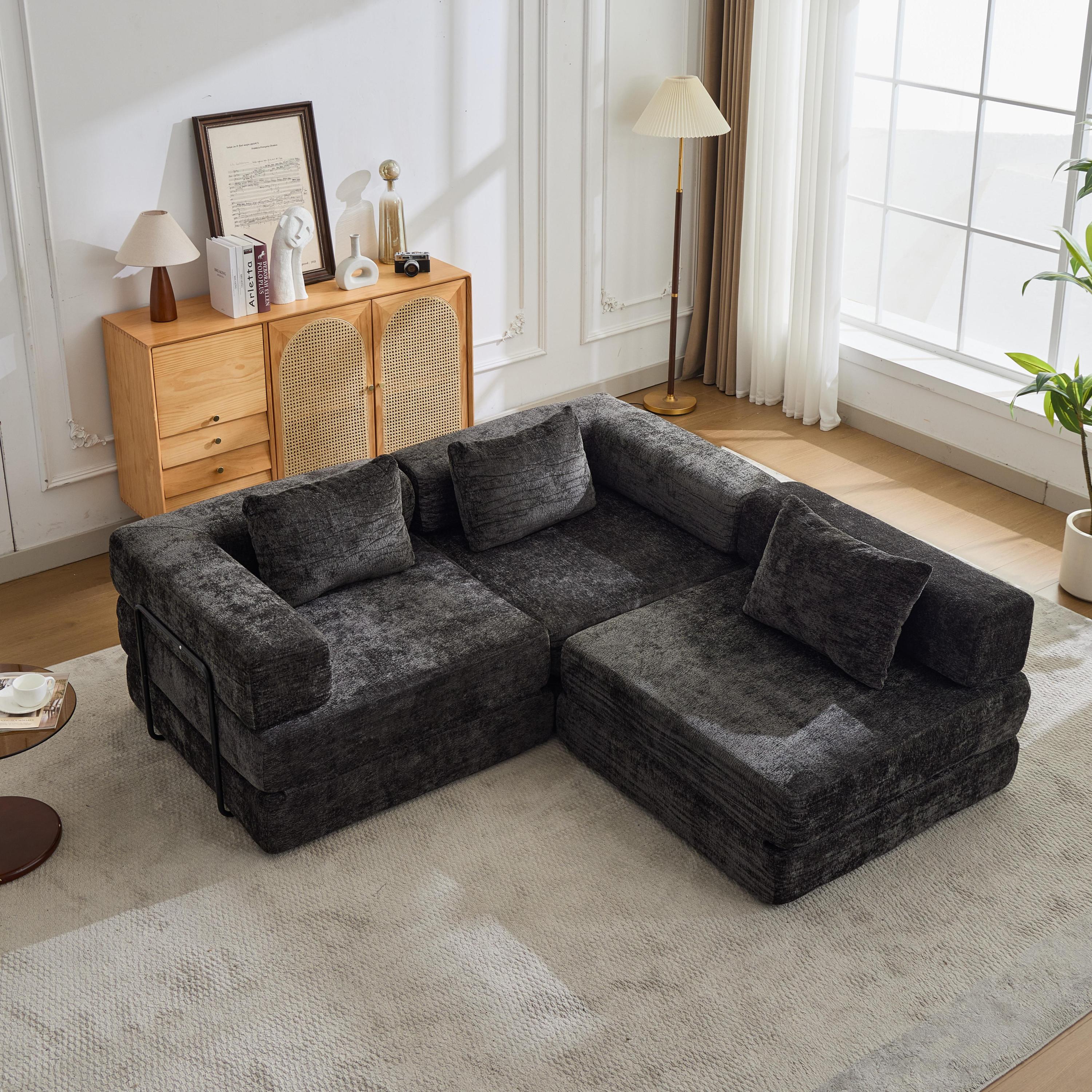 Compression Sofa,Convertible Floor Sofa Bed with Fixed-Shape Frame, Boneless Modular Sectional Sofa,No Assembly Required,Chenille fabric,for Living Room Bedroom,Black