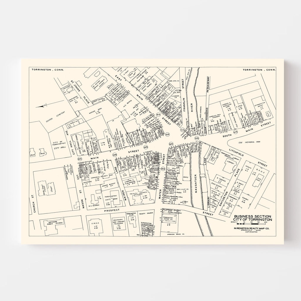 Vintage Map of Torrington, CT Business Section 1946