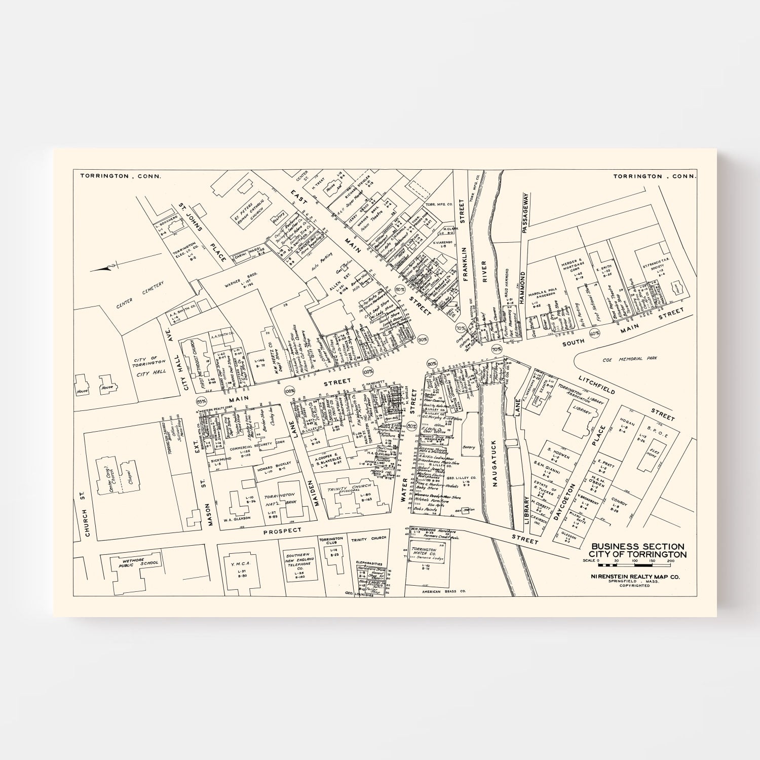 Vintage Map of Torrington, CT Business Section 1946