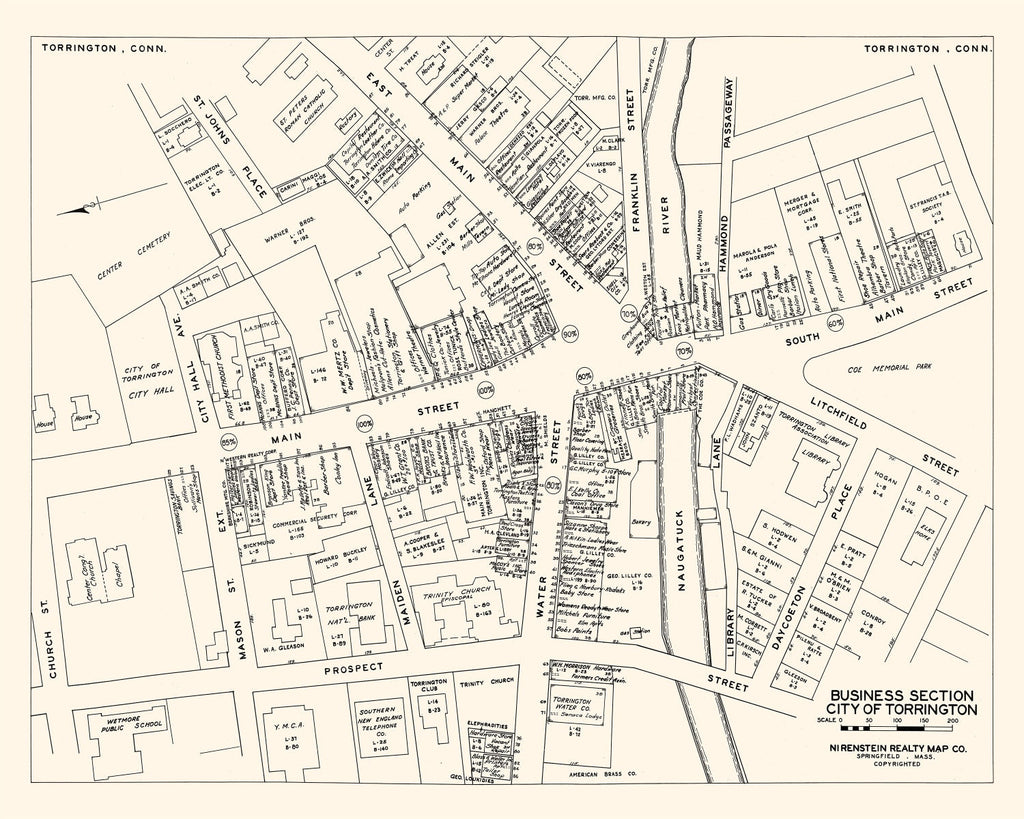 Vintage Map of Torrington, CT Business Section 1946