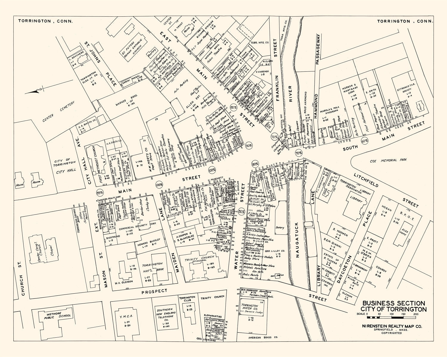 Vintage Map of Torrington, CT Business Section 1946