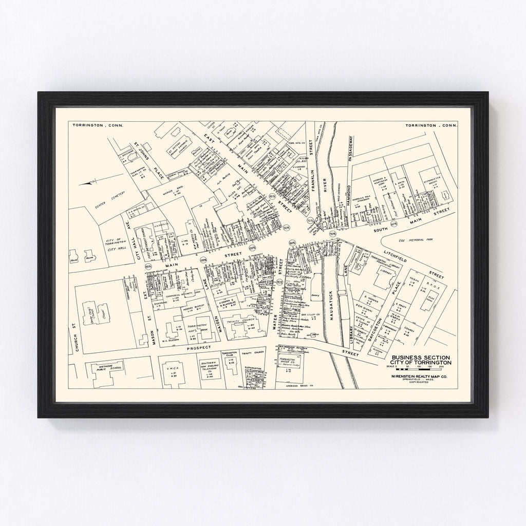 Vintage Map of Torrington, CT Business Section 1946