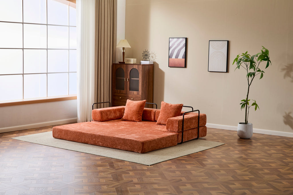 Floor Couch,Compression Sofa,Convertible Floor Sofa Bed-with Pillow Back Support Armrest,Comfy Futon Couch Lounge Sleeper Bed,chenille fabric,for Living Room Bedroom (orange)