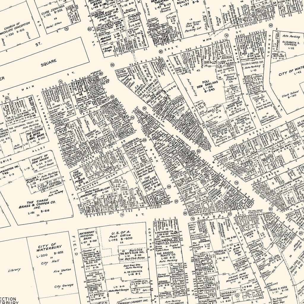Vintage Map of Waterbury, CT Business Section 1946