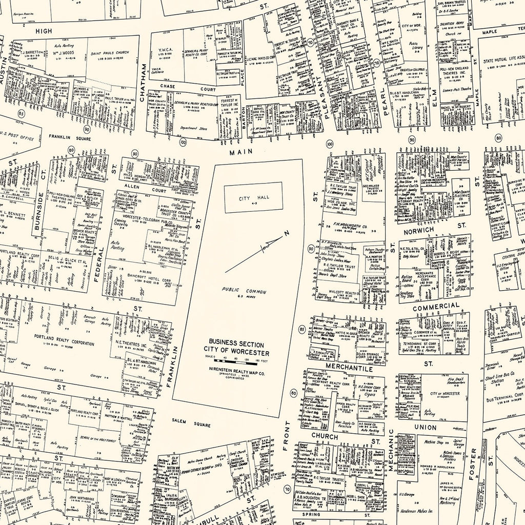 Vintage Map of Worcester, MA Business Section 1946