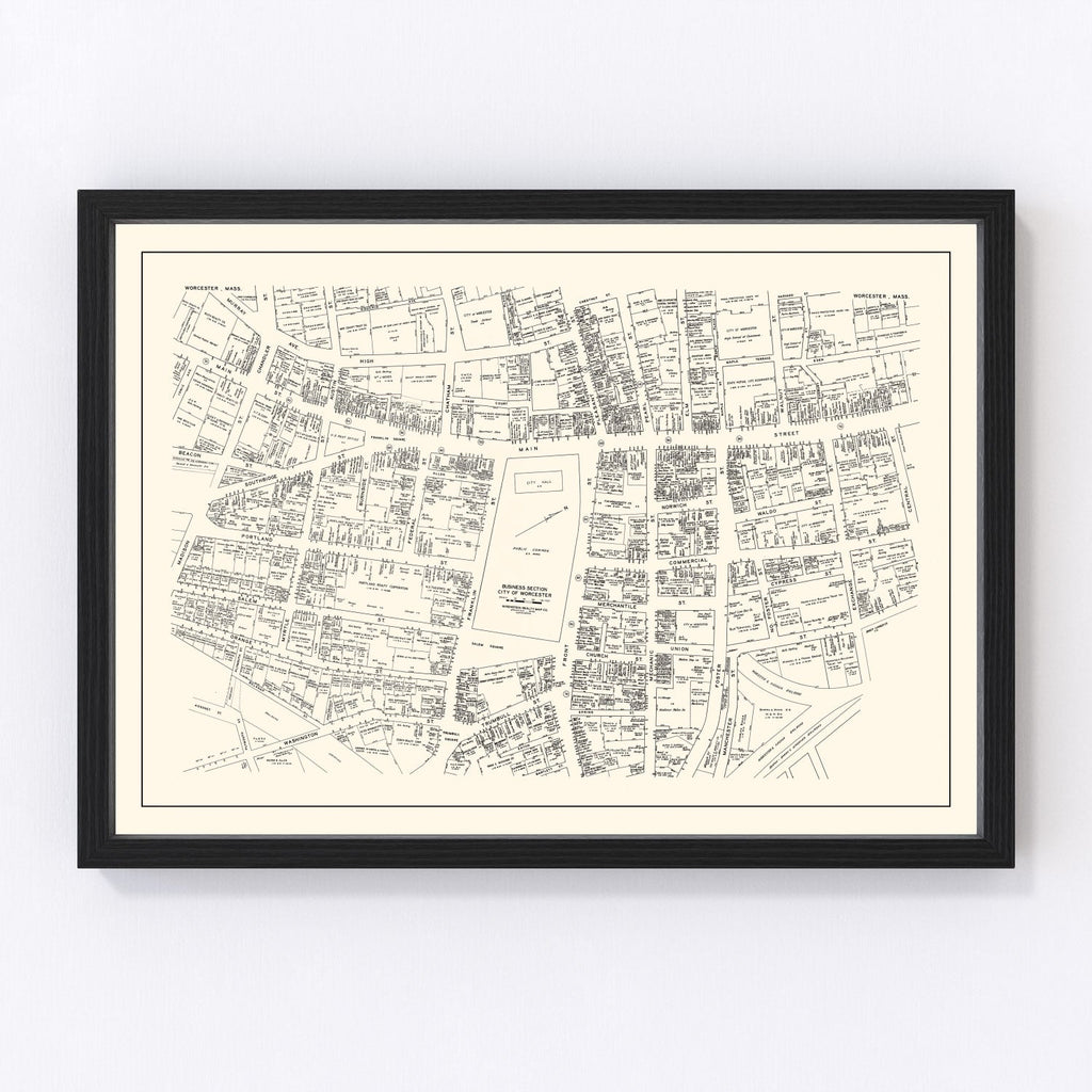 Vintage Map of Worcester, MA Business Section 1946