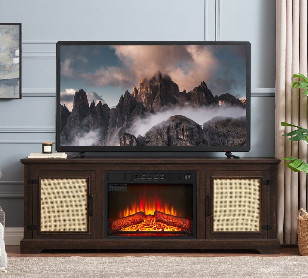 Natural Rattan Door Cabinet with Adjustable Shelf Wood, Farmhouse Rattan TV Stand Console Table for TVs up to 70 Inches, Storage tv stand with 23' fireplace insert, 65'W*15.55'D*23.86'H, Espresso