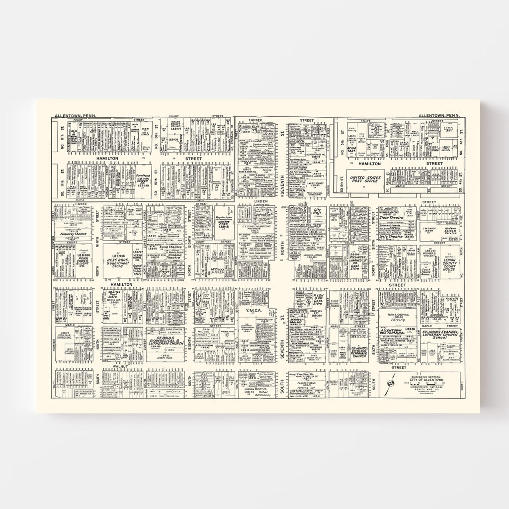 Vintage Map of Allentown, PA Business Section 1950