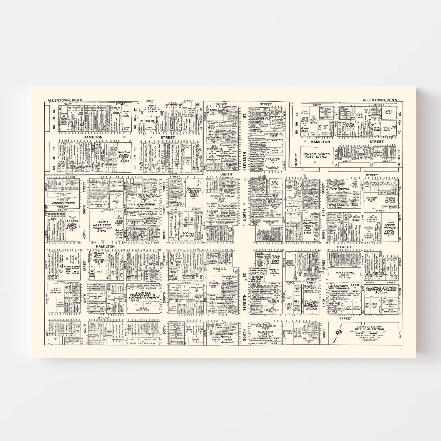 Vintage Map of Allentown, PA Business Section 1950