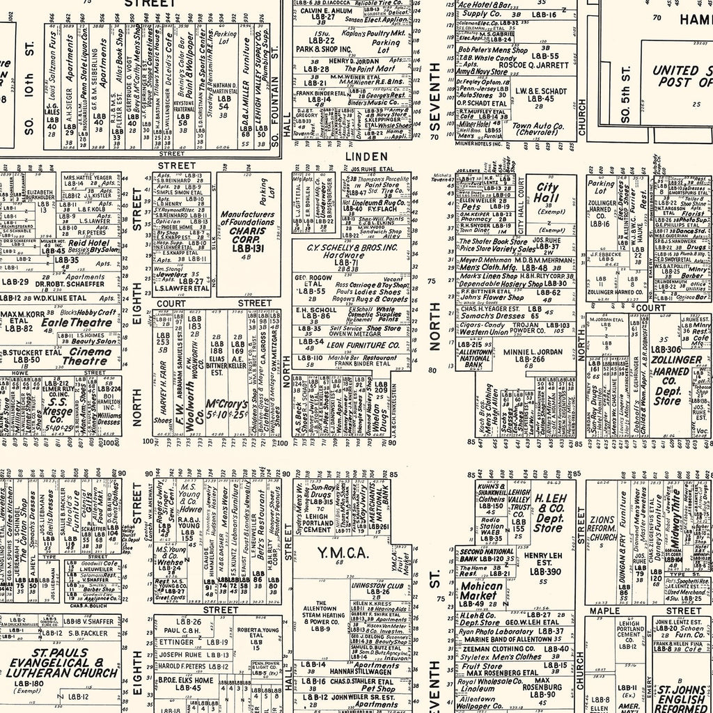 Vintage Map of Allentown, PA Business Section 1950