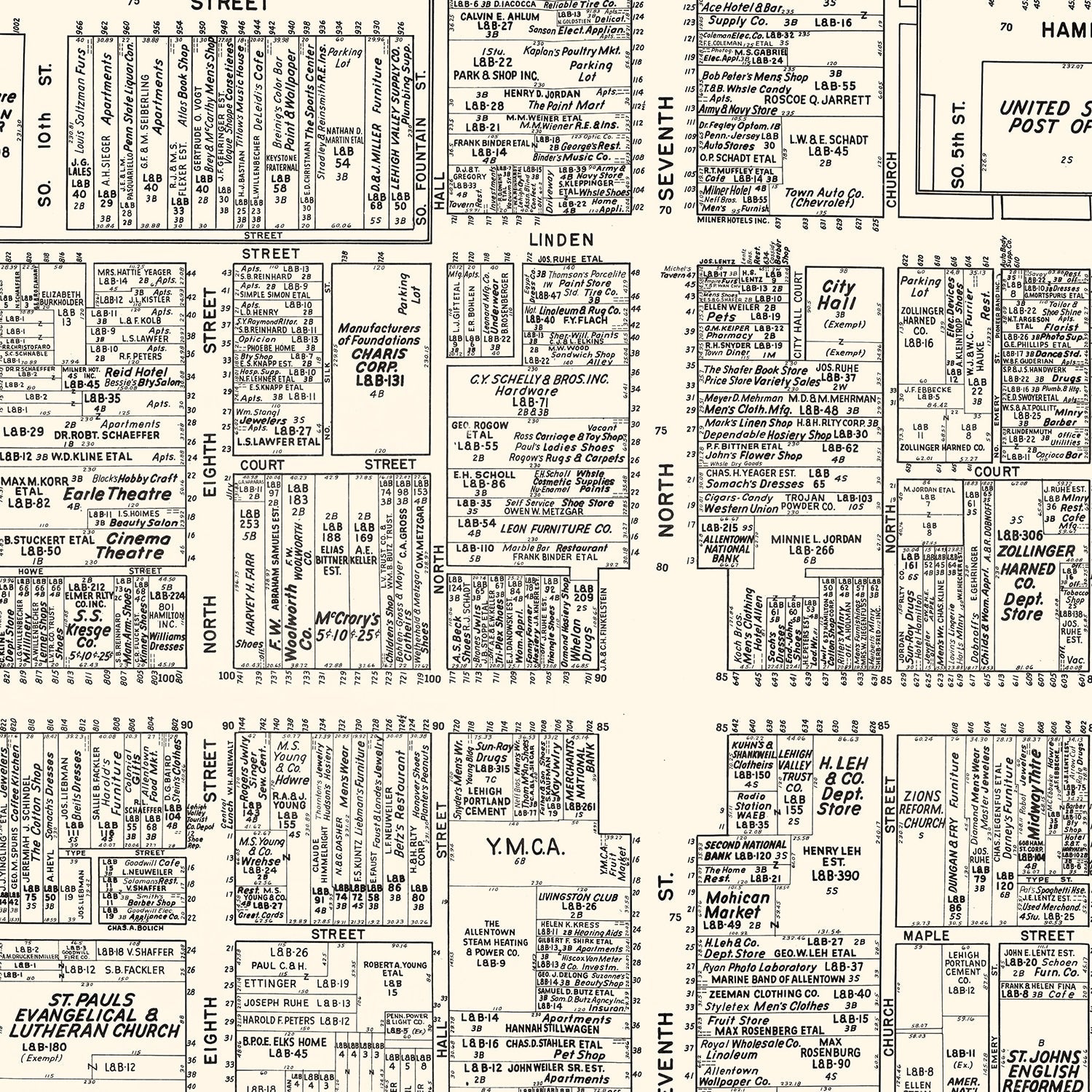 Vintage Map of Allentown, PA Business Section 1950