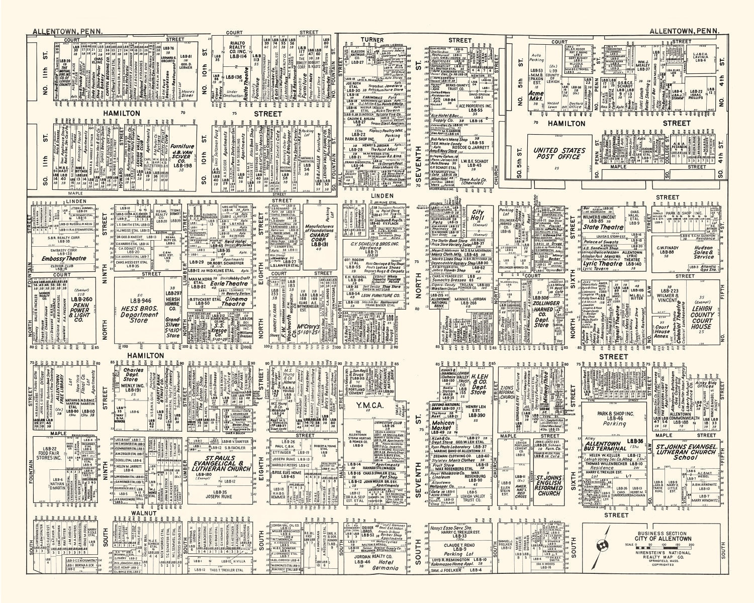 Vintage Map of Allentown, PA Business Section 1950