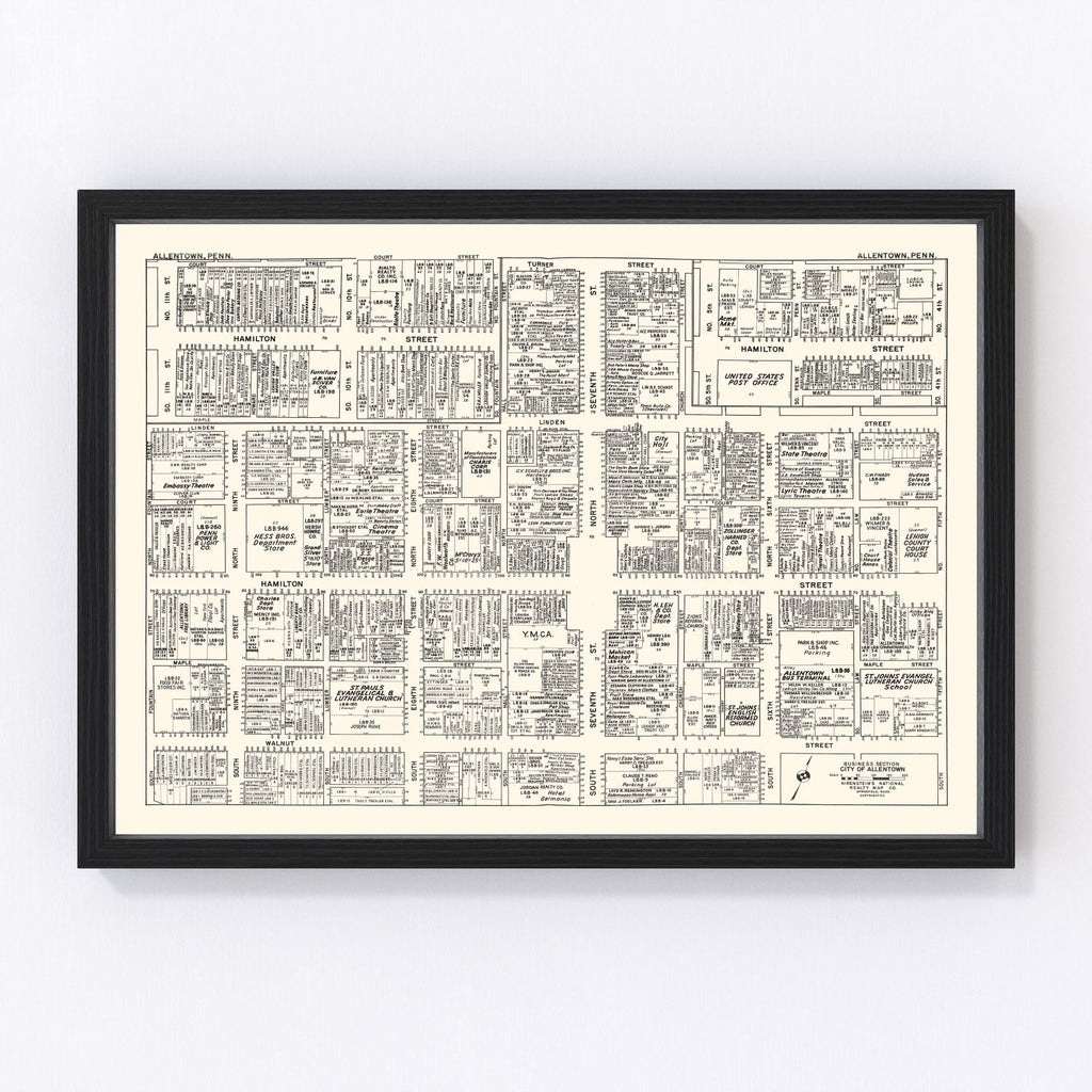 Vintage Map of Allentown, PA Business Section 1950
