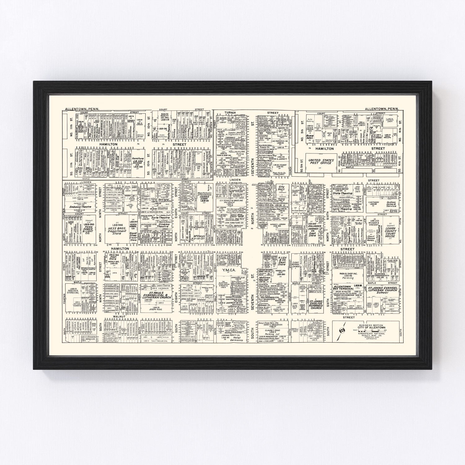 Vintage Map of Allentown, PA Business Section 1950