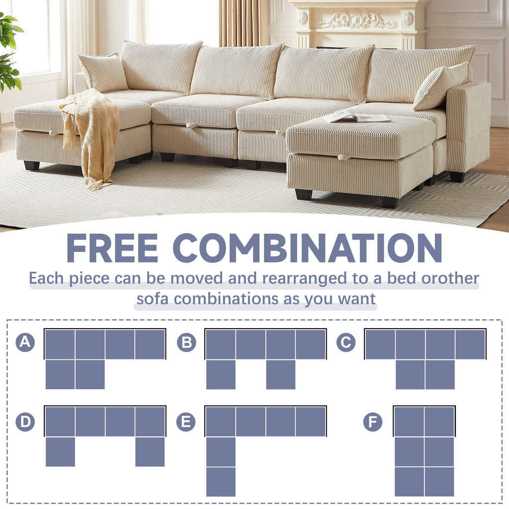 113.5'' Modular Sectiona Corduroy Sofa, Sectional Couches for Living Room U Shaped Sectional Couch with Storage Ottoman, 6 Seats Convertible Sectionals with Chaise
