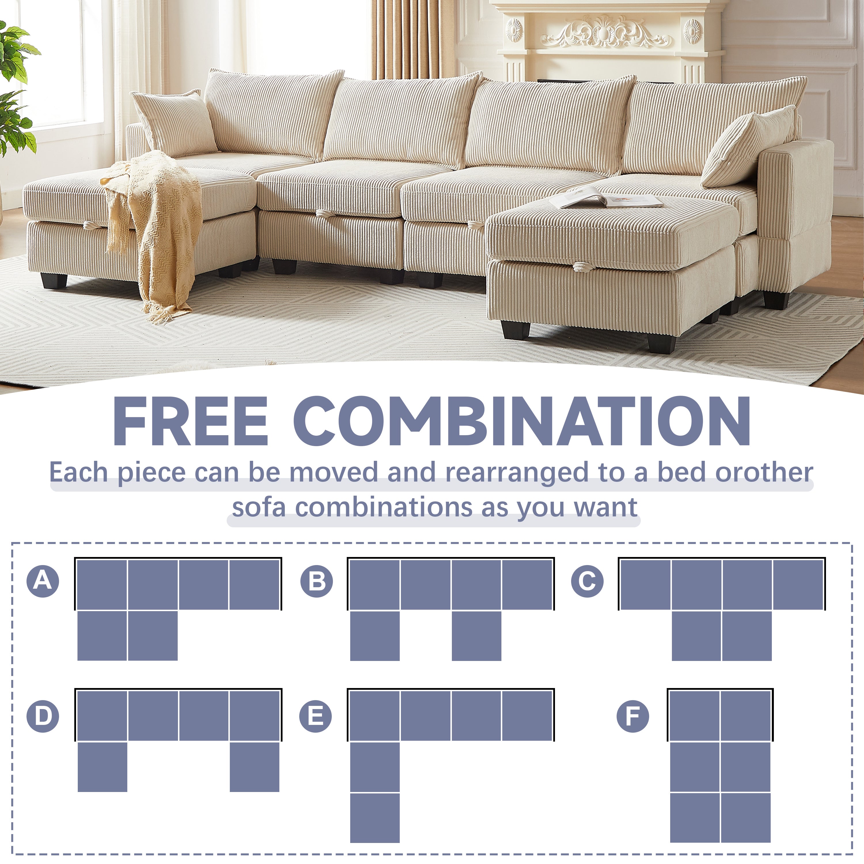 113.5'' Modular Sectiona Corduroy Sofa, Sectional Couches for Living Room U Shaped Sectional Couch with Storage Ottoman, 6 Seats Convertible Sectionals with Chaise