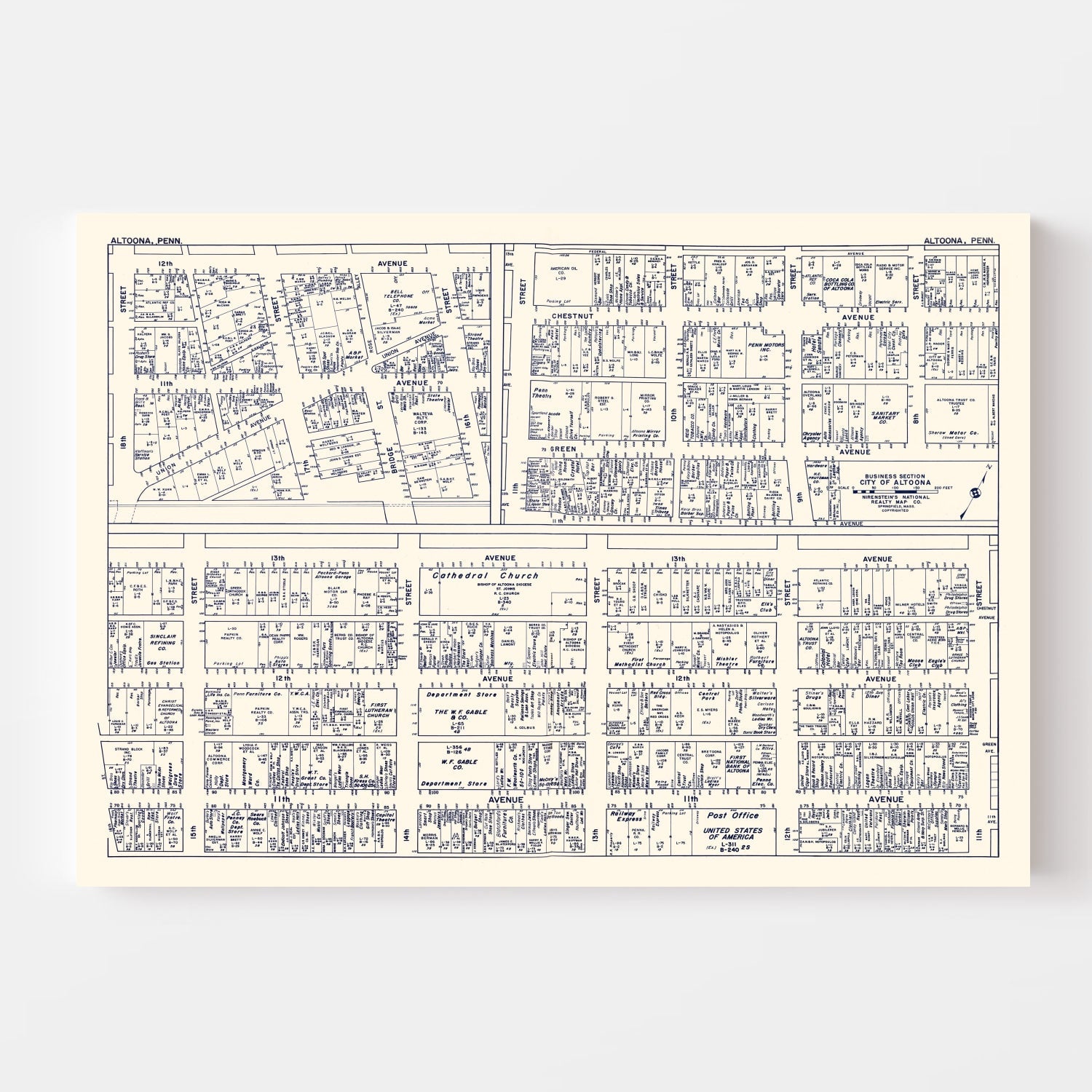 Vintage Map of Altoona, PA Business Section 1950