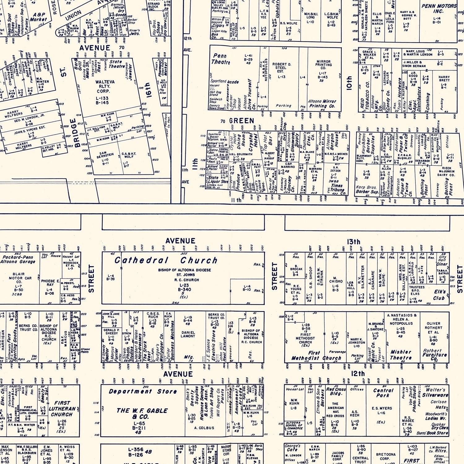 Vintage Map of Altoona, PA Business Section 1950