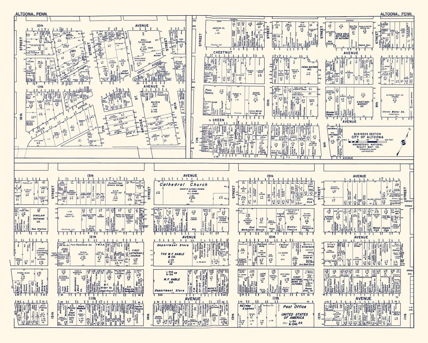 Vintage Map of Altoona, PA Business Section 1950