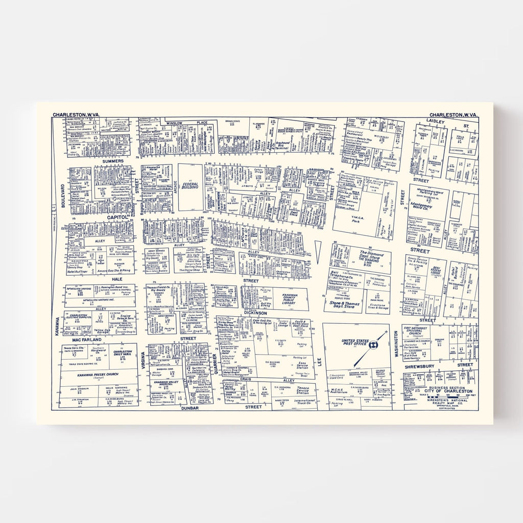 Vintage Map of Charleston, WV Business Section 1950