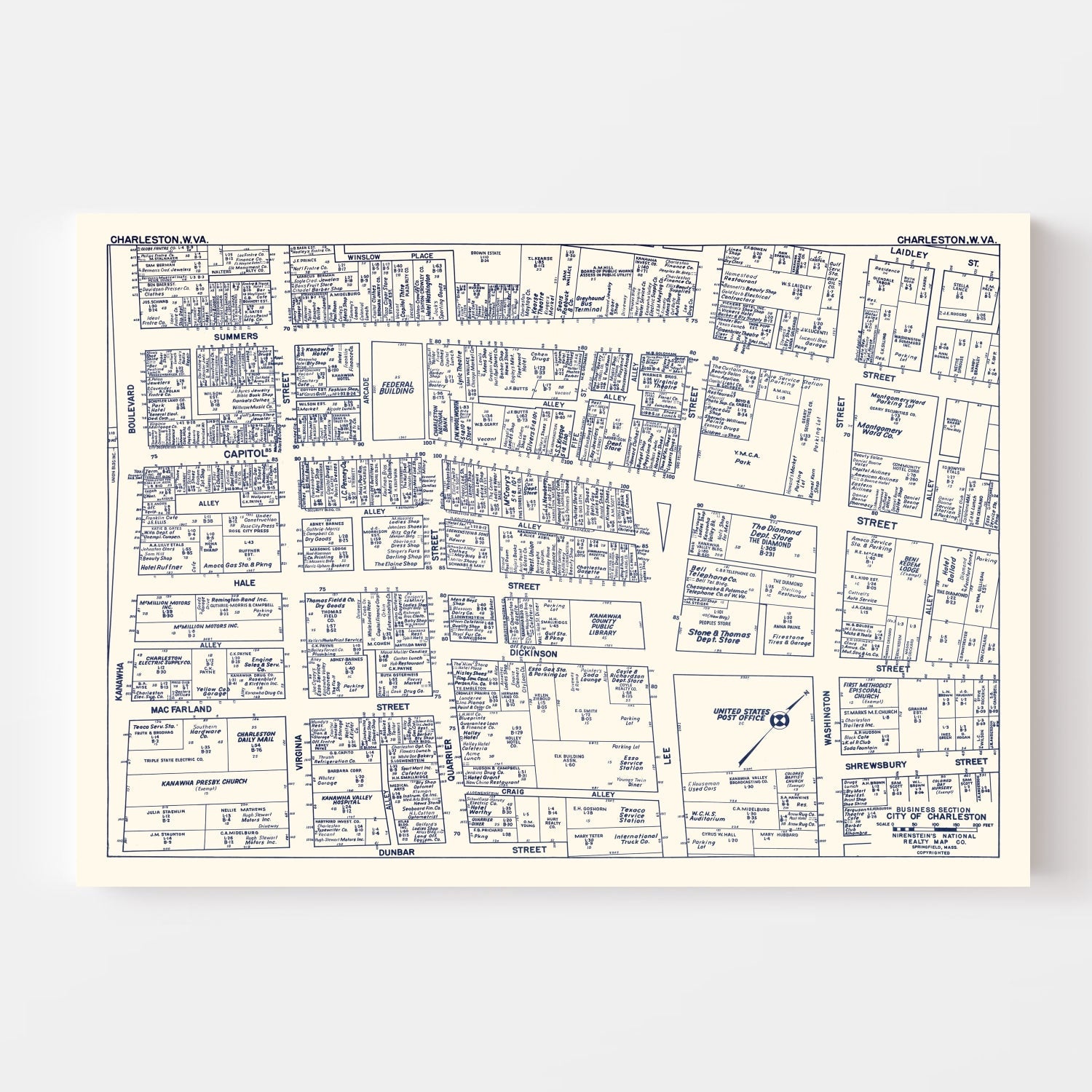 Vintage Map of Charleston, WV Business Section 1950