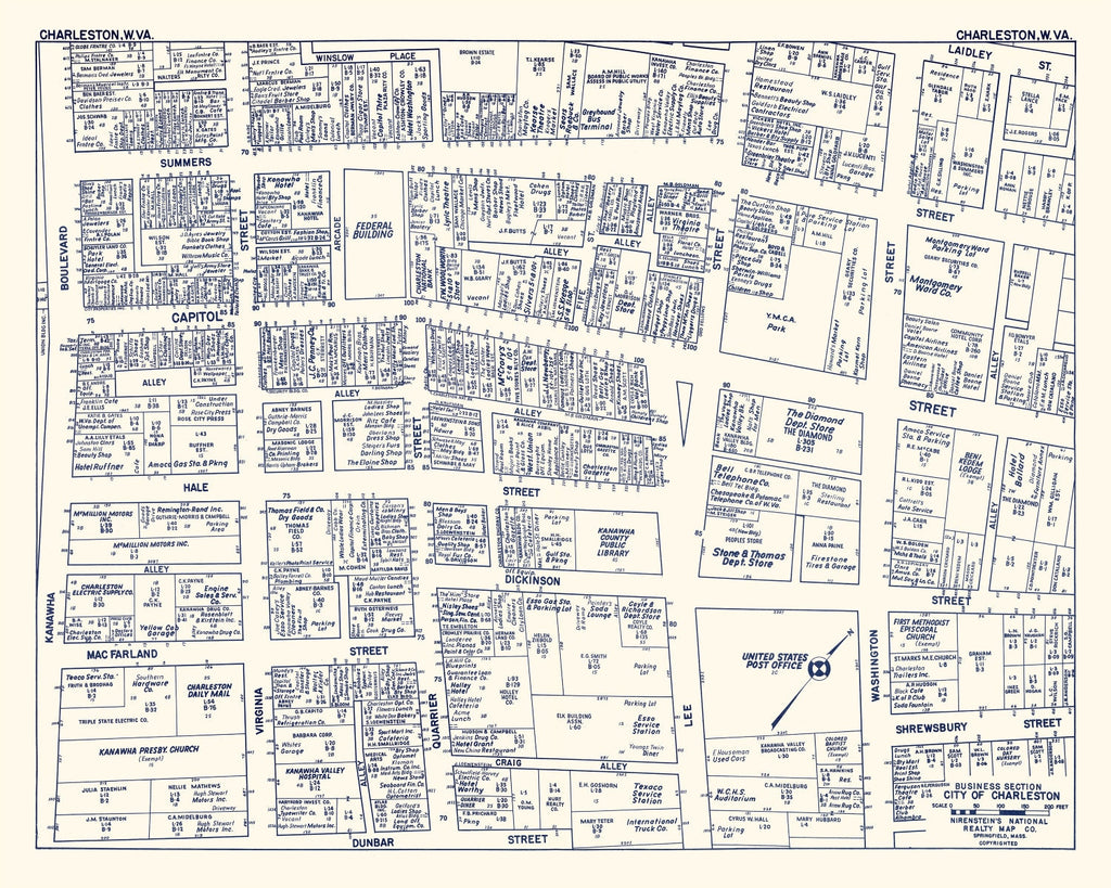 Vintage Map of Charleston, WV Business Section 1950