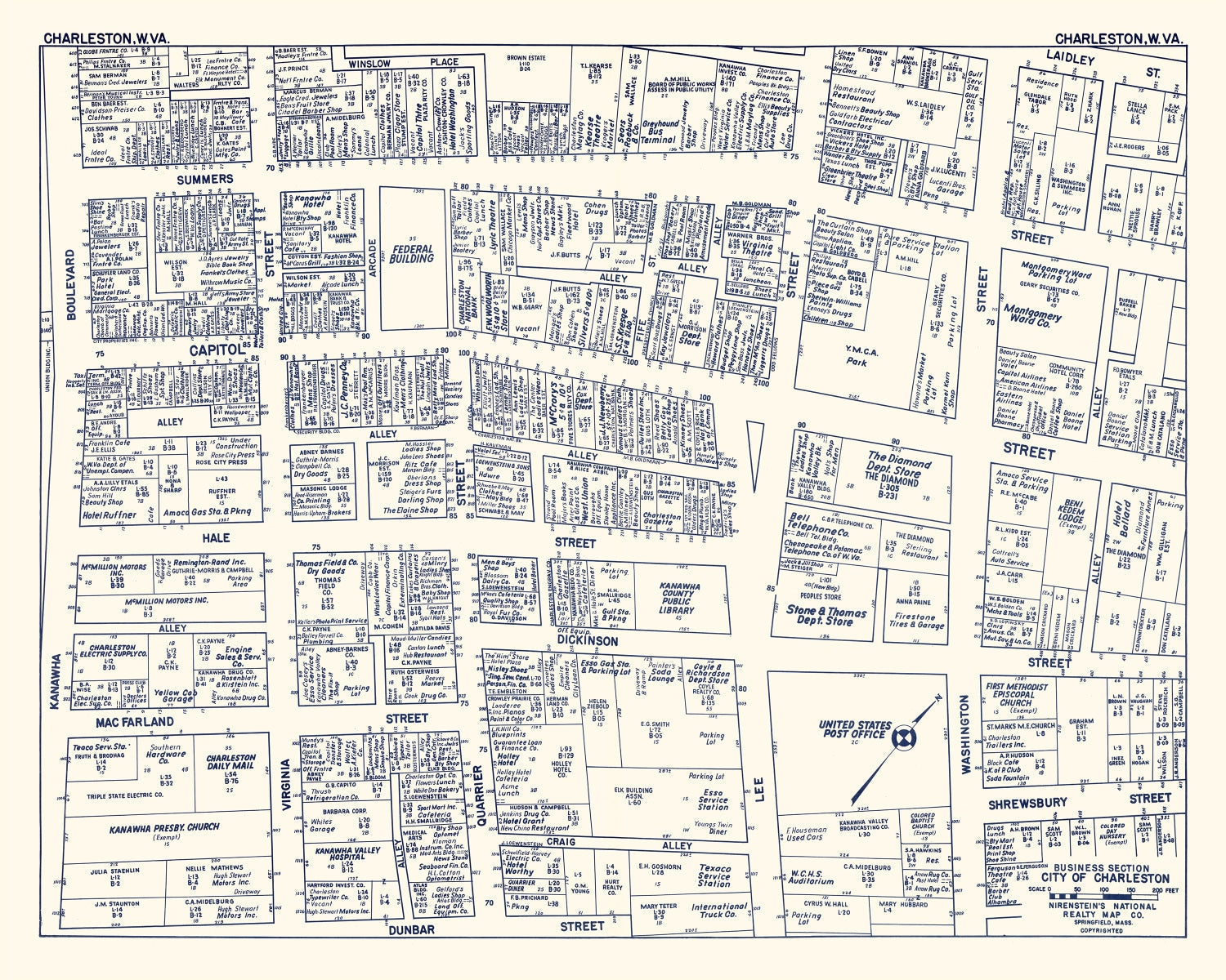Vintage Map of Charleston, WV Business Section 1950