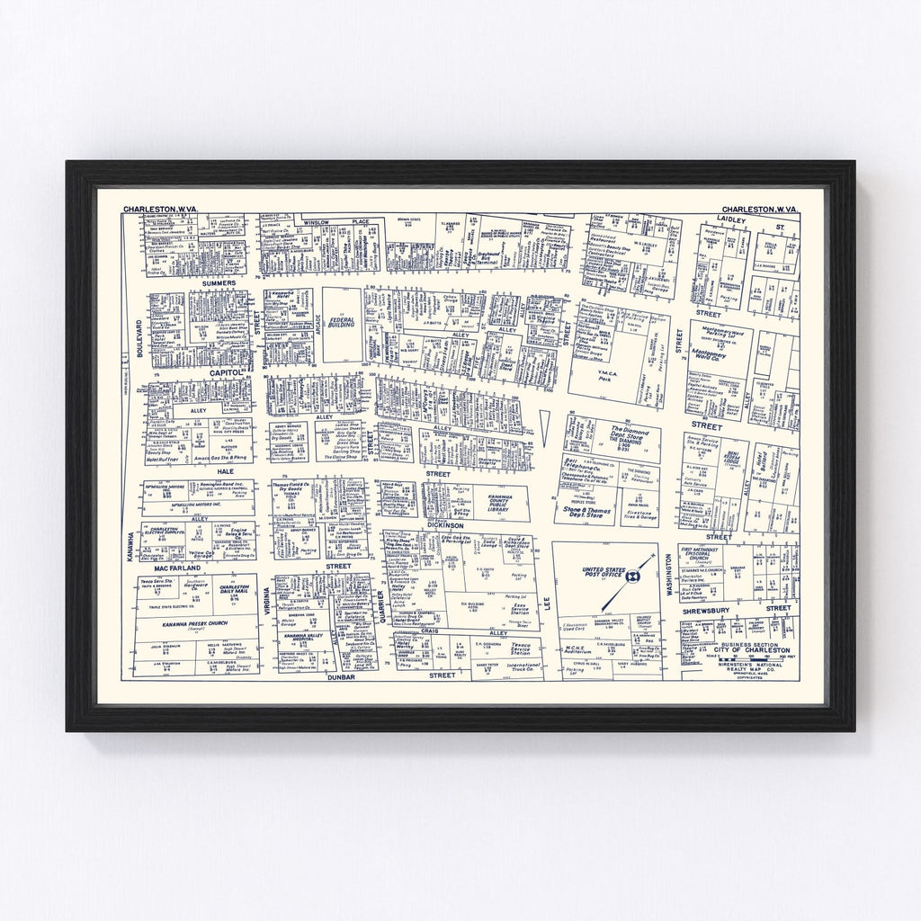 Vintage Map of Charleston, WV Business Section 1950