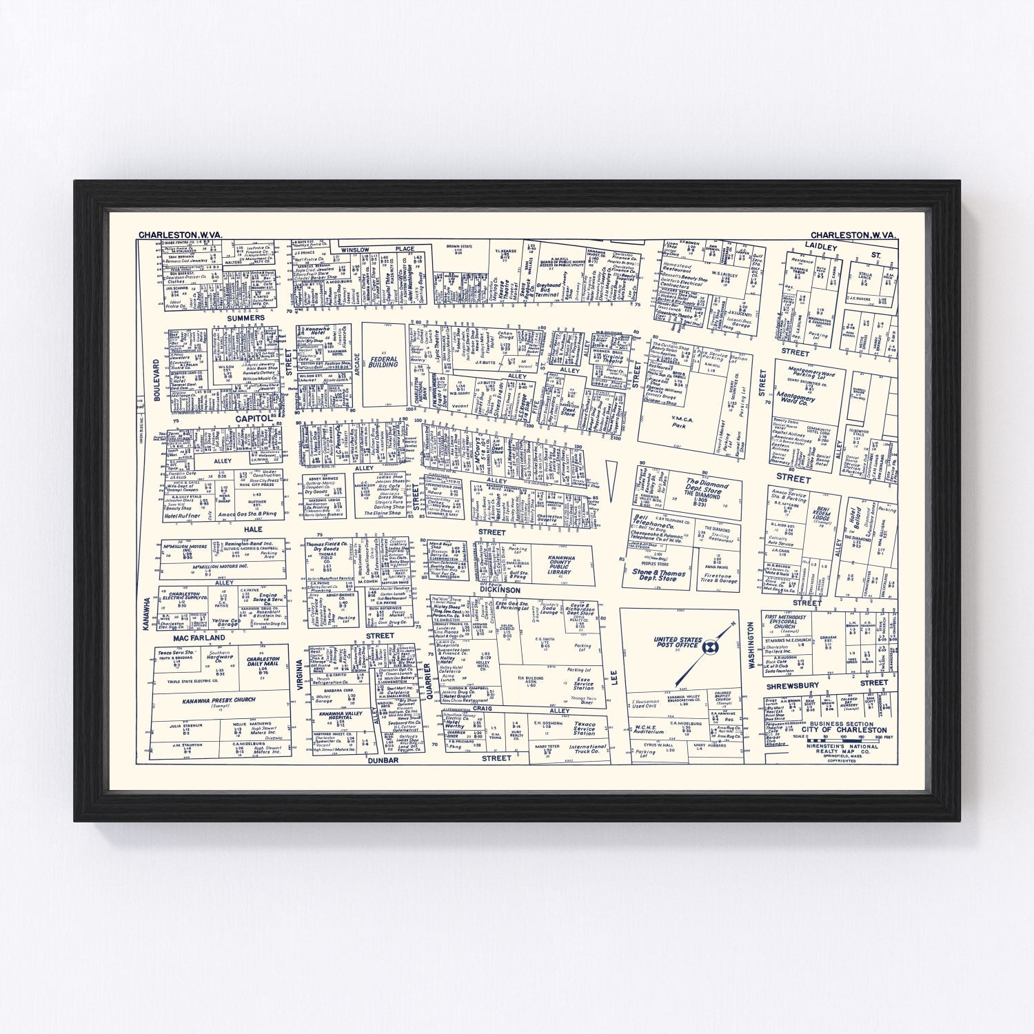 Vintage Map of Charleston, WV Business Section 1950