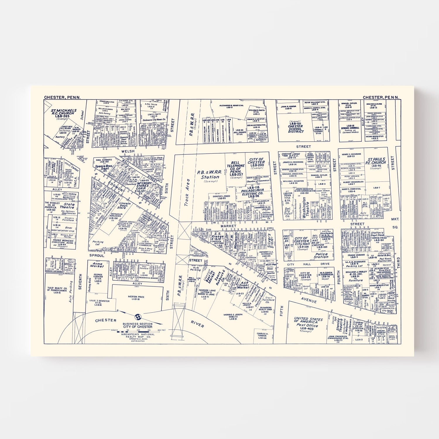 Vintage Map of Chester, PA Business Section 1950