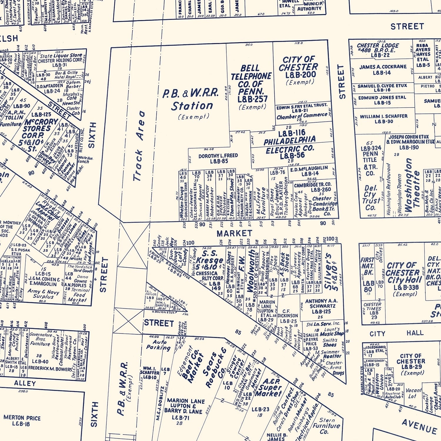 Vintage Map of Chester, PA Business Section 1950