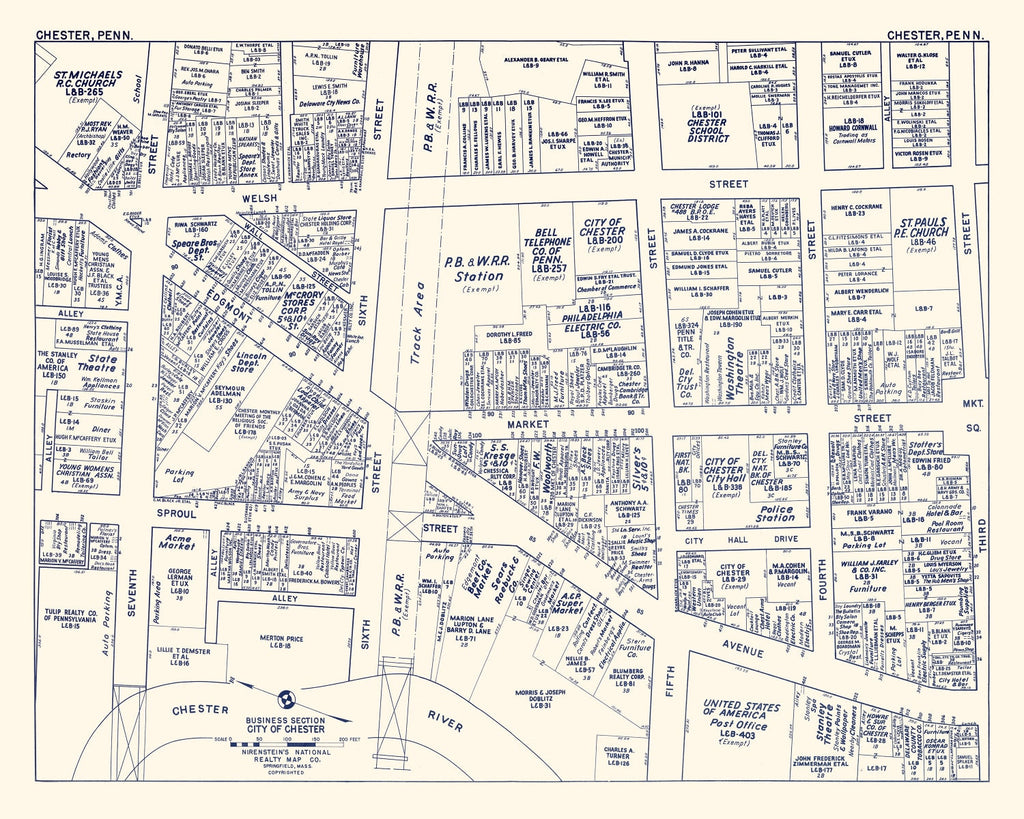 Vintage Map of Chester, PA Business Section 1950