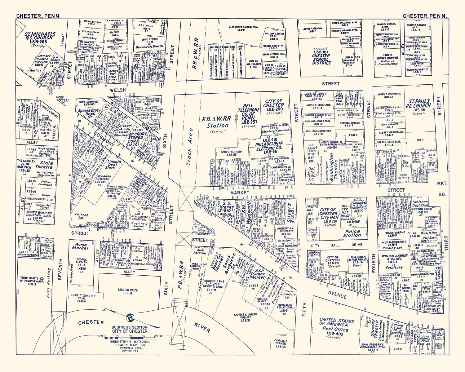 Vintage Map of Chester, PA Business Section 1950