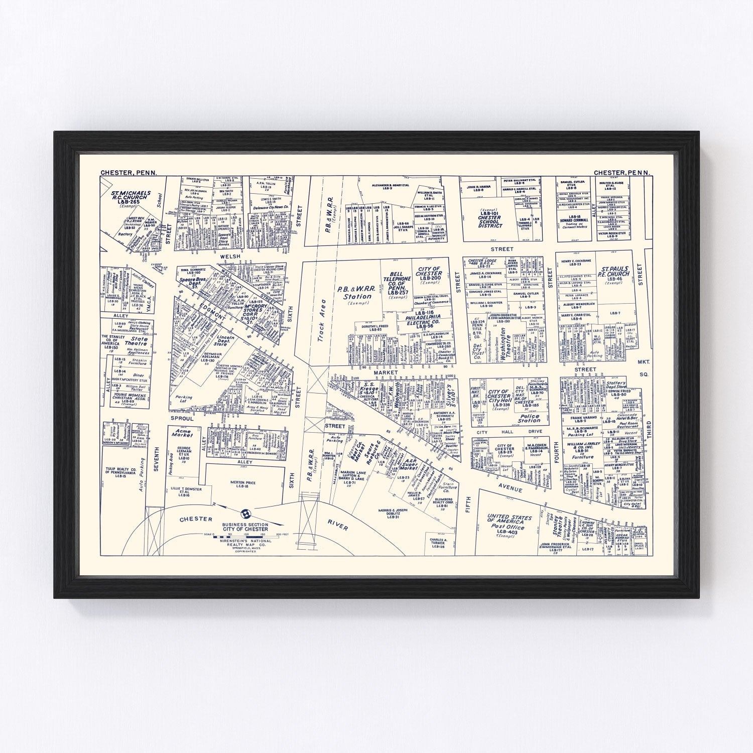 Vintage Map of Chester, PA Business Section 1950
