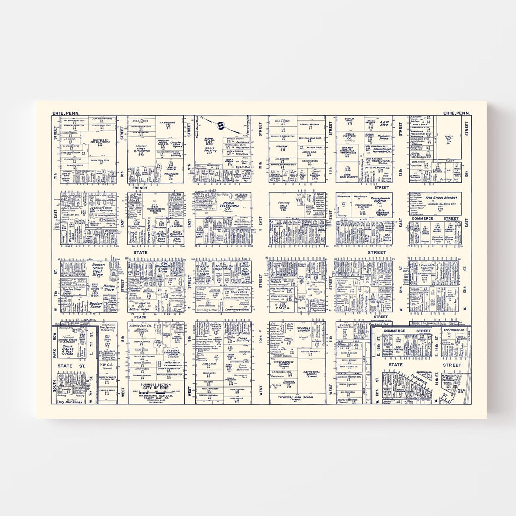 Vintage Map of Erie, PA Business Section 1950