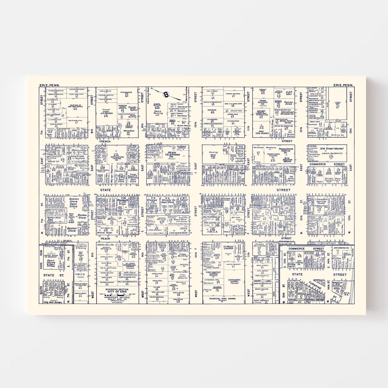 Vintage Map of Erie, PA Business Section 1950