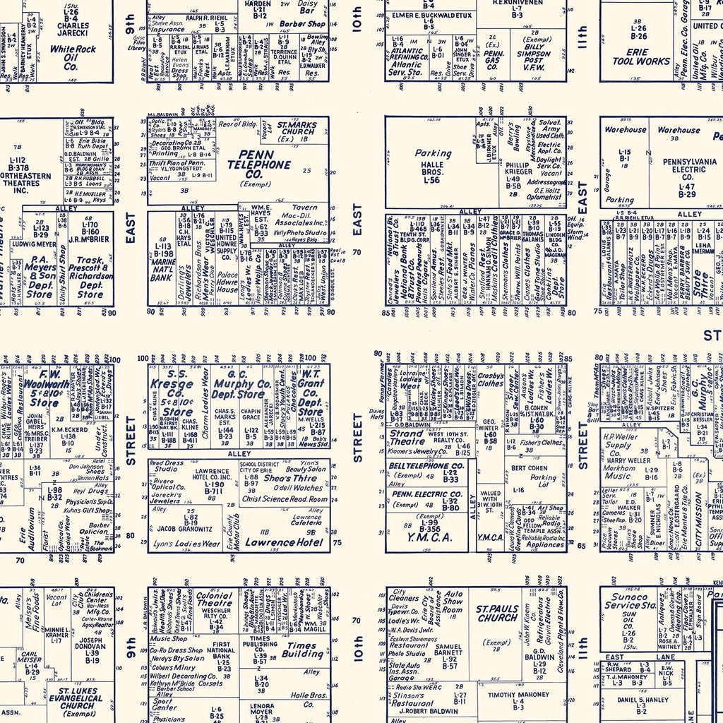 Vintage Map of Erie, PA Business Section 1950